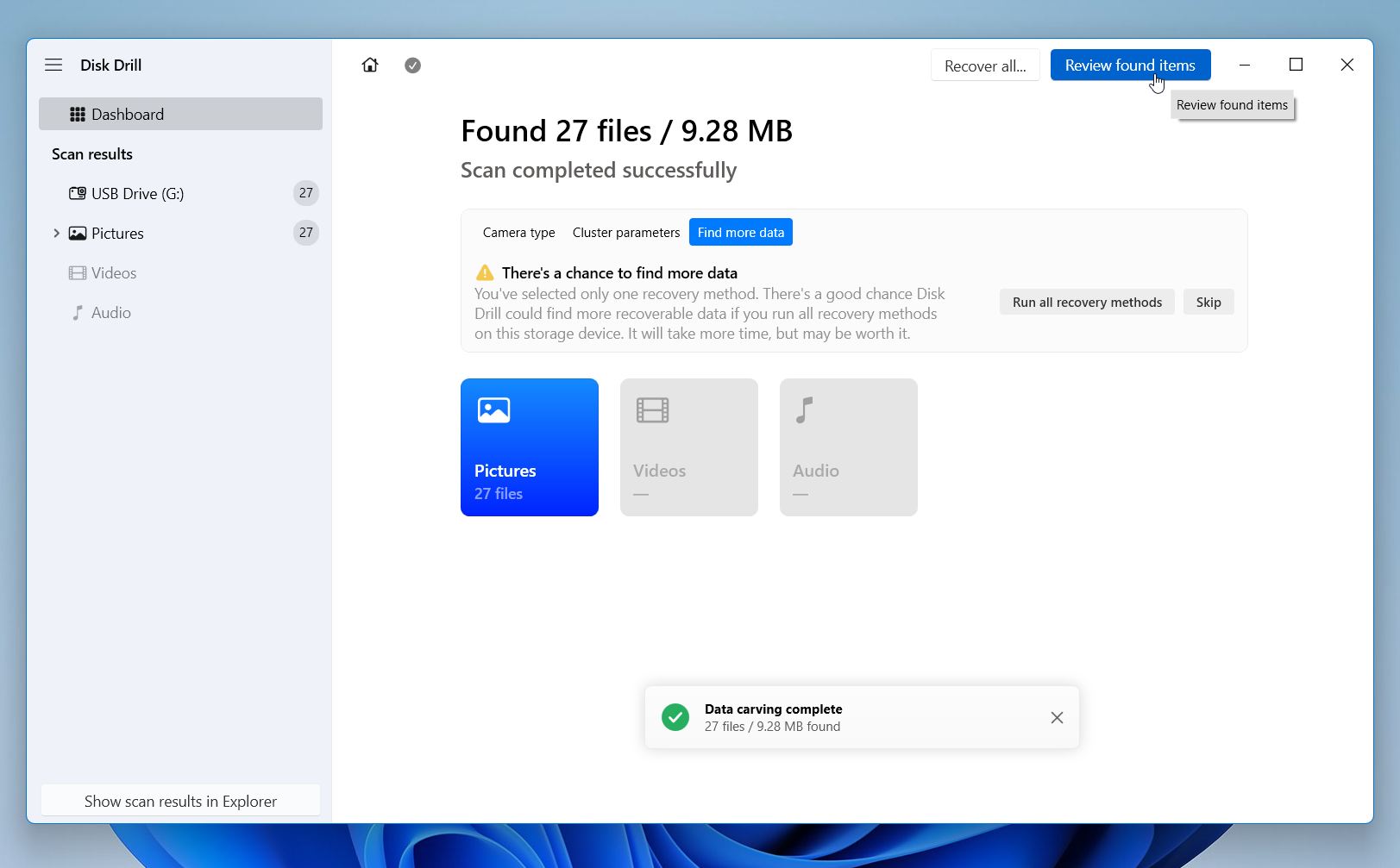 After the scan completes in Disk Drill, click âReview found itemsâ