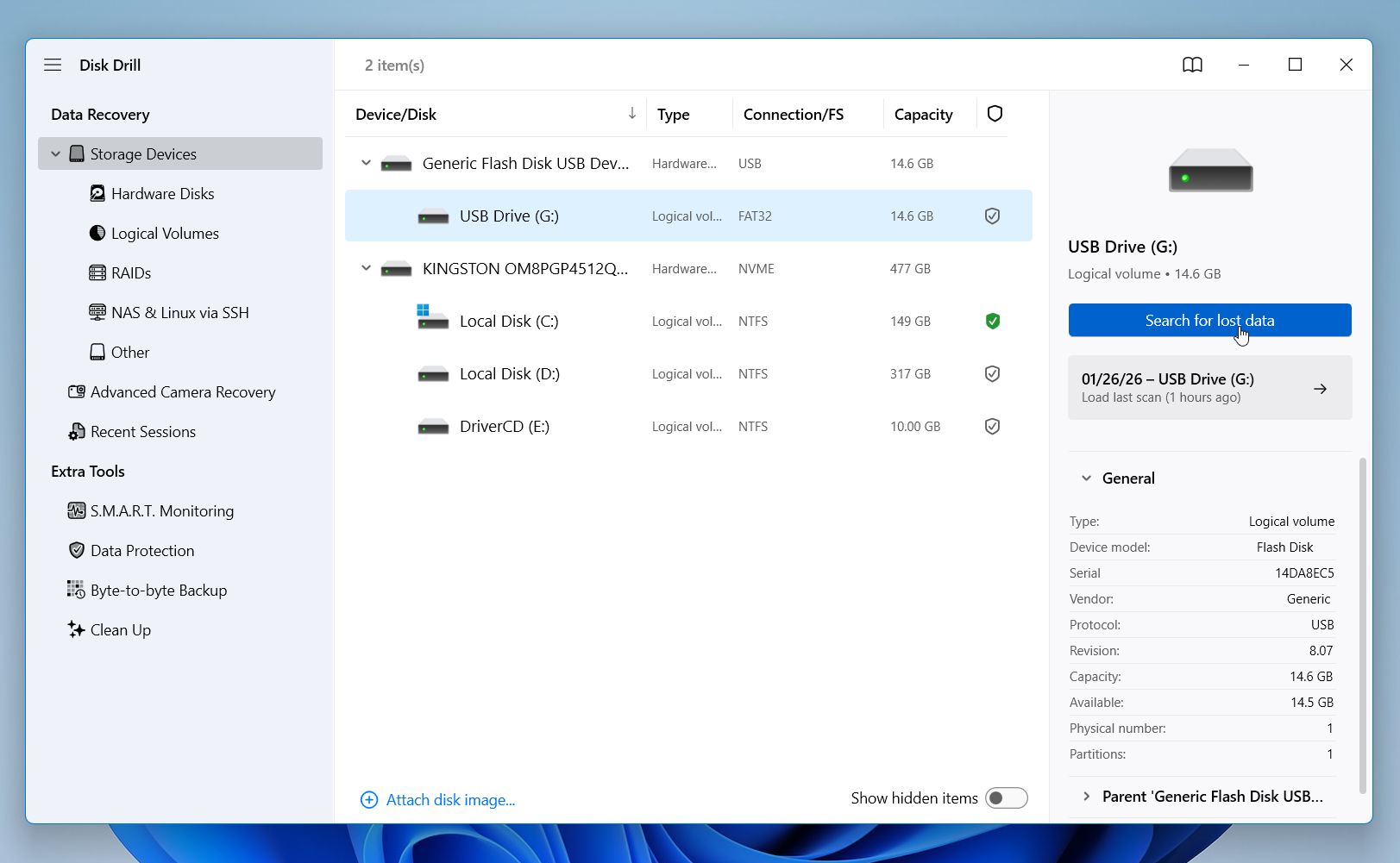 Select the USB drive in Disk Drill and click âSearch for lost dataâ