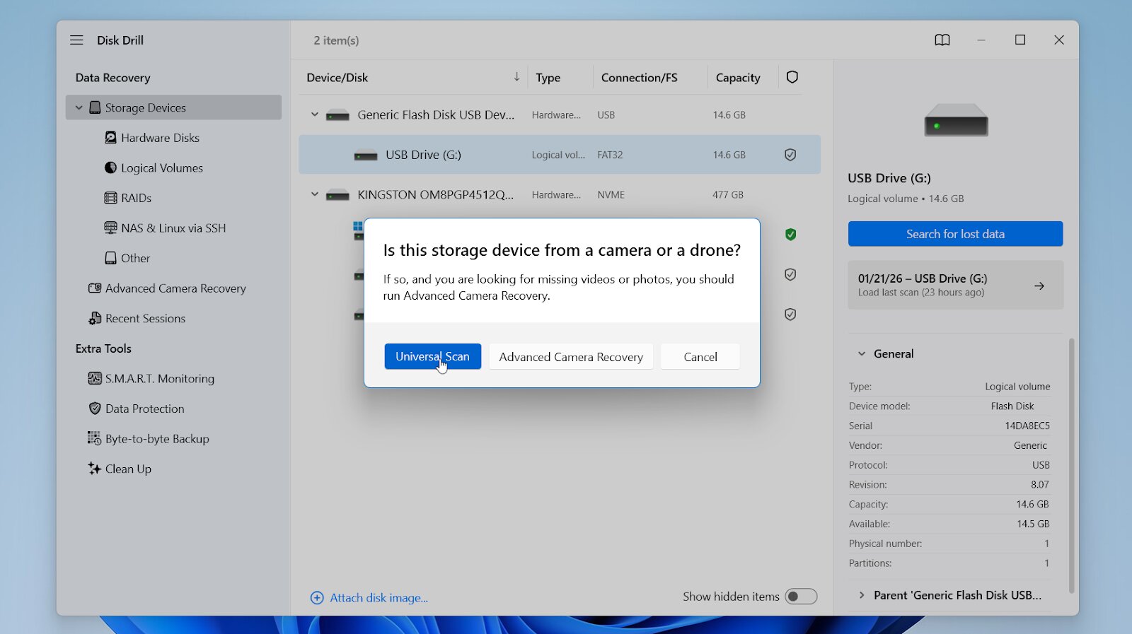 Disk Drill elect the scan mode