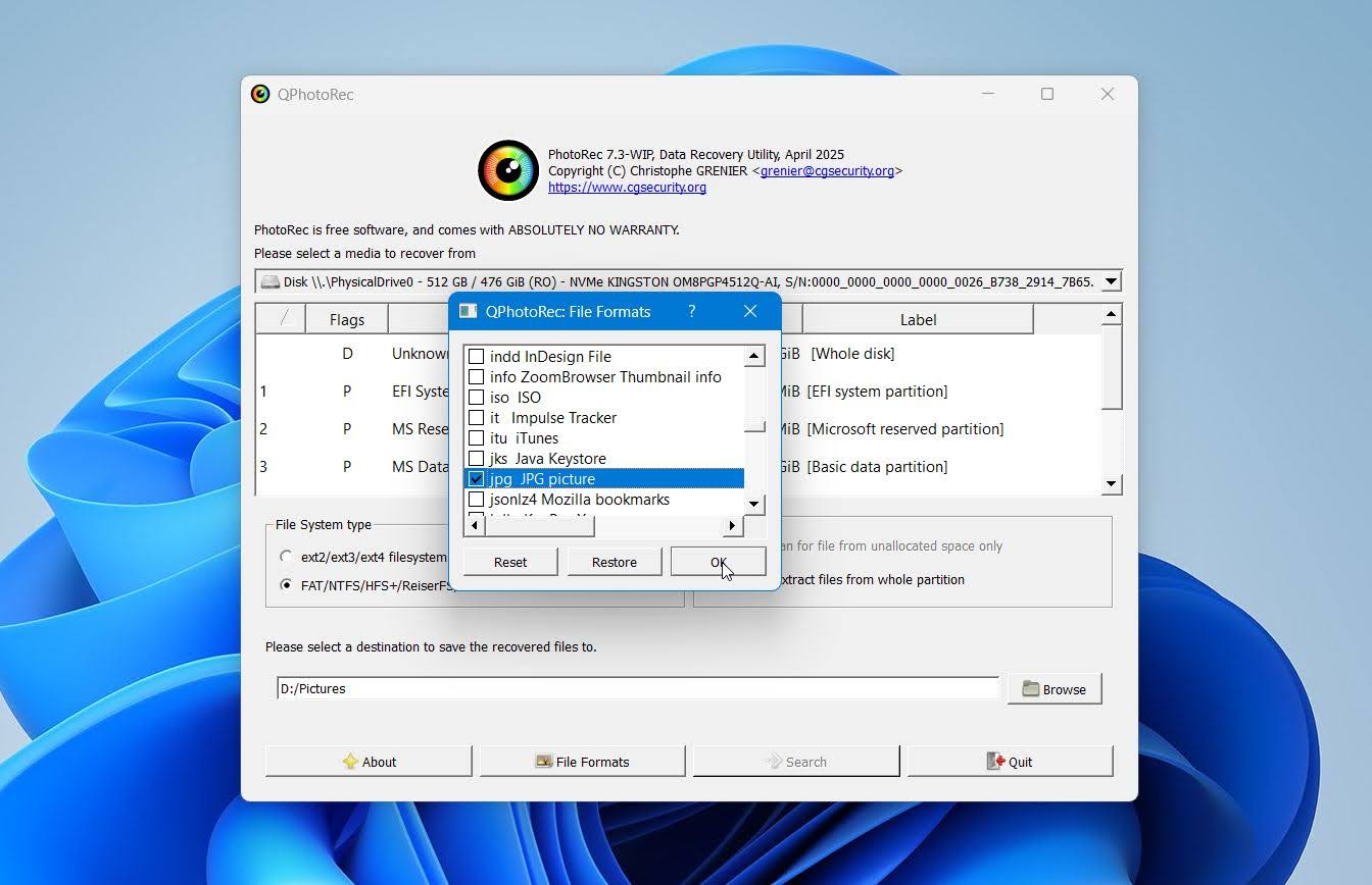 Select only the needed file formats in qPhotoRec