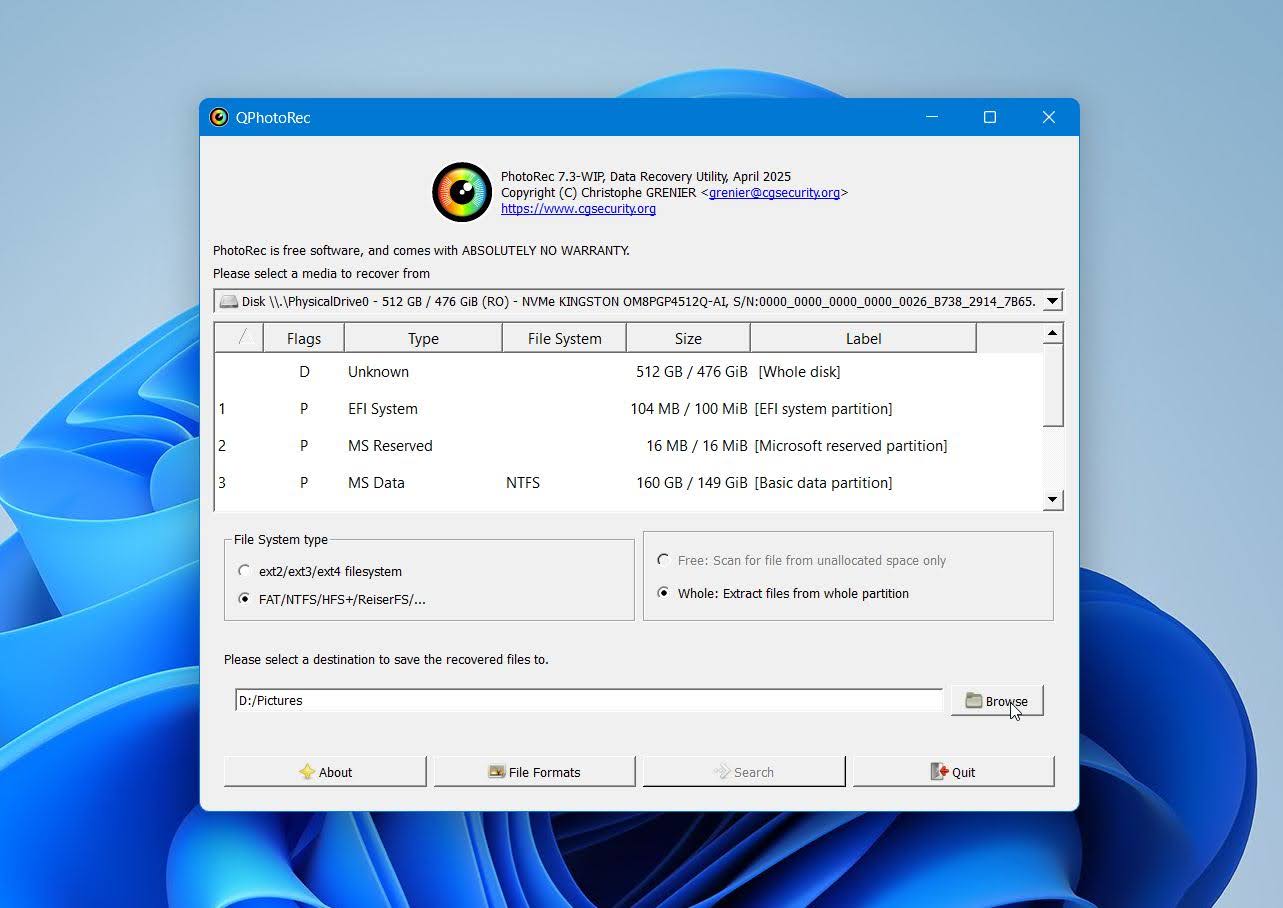 Click Browse in qPhotoRec to select a destination folder