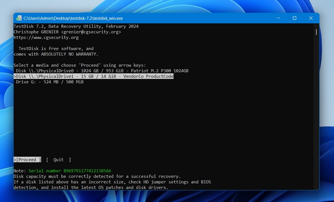 Selecting the SD card in TestDisk