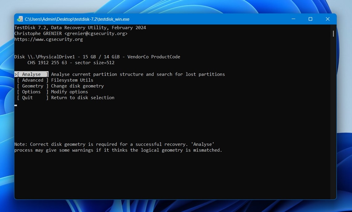 Analyse option in TestDisk