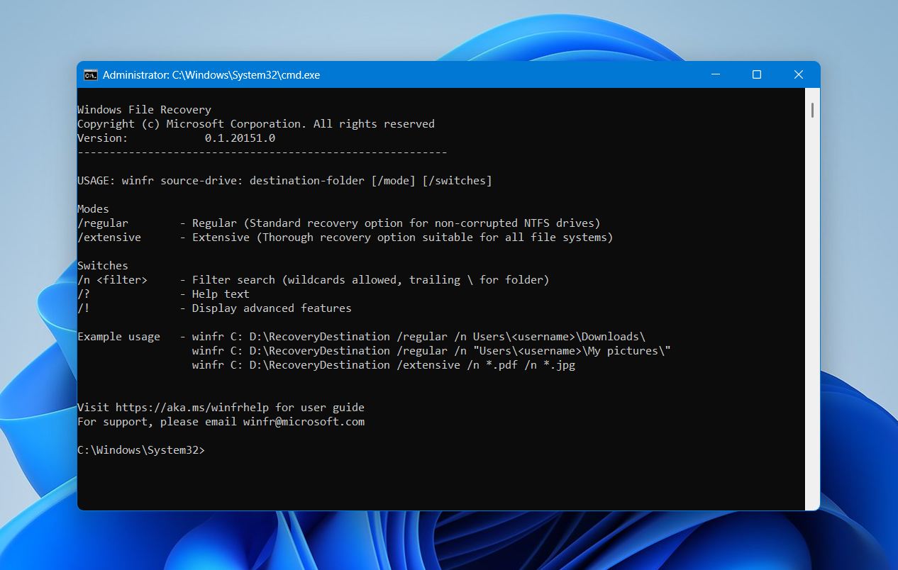 Windows File Recovery interface