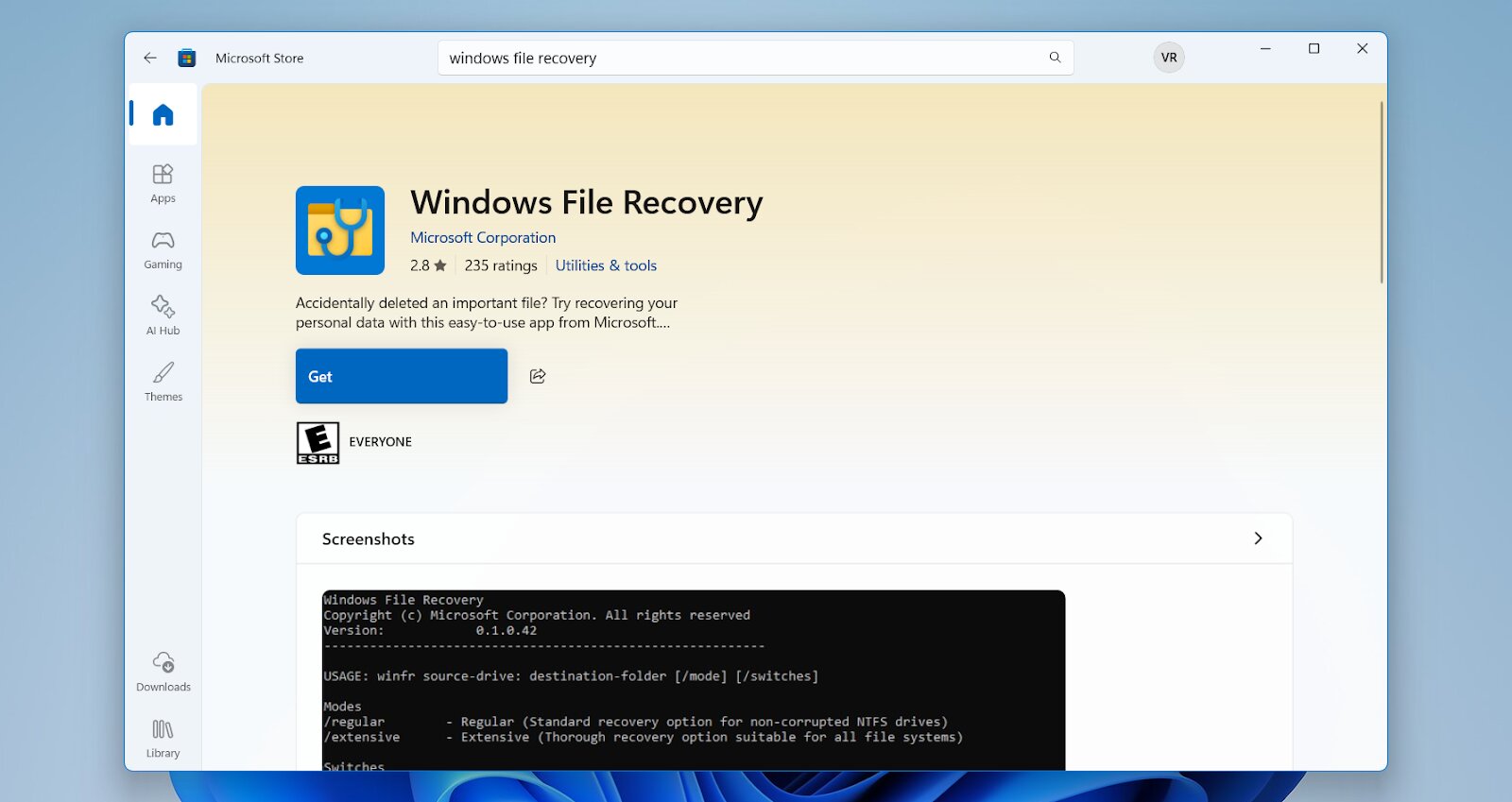 Download Windows File Recovery from the Store