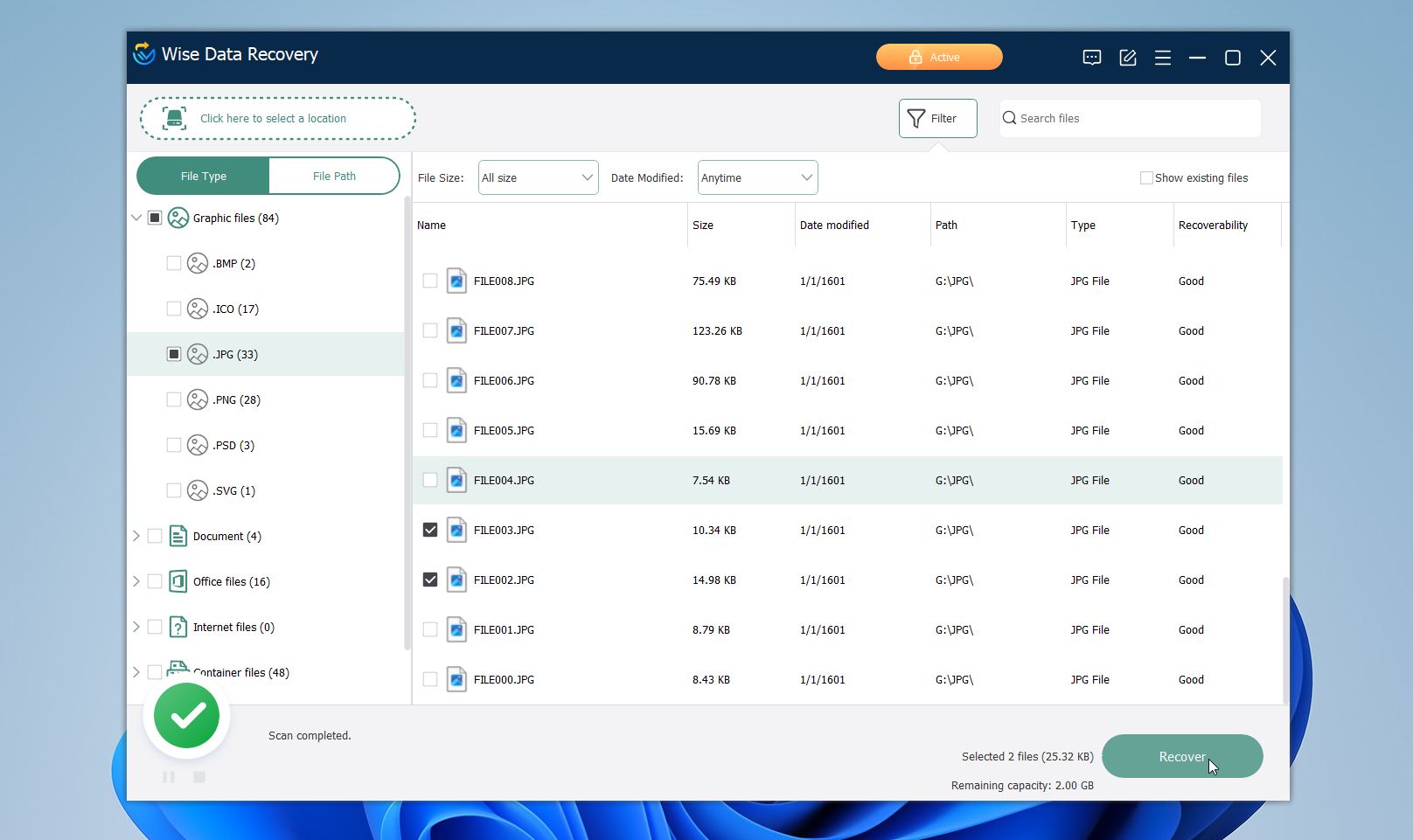 Recover button in Wise Data Recovery