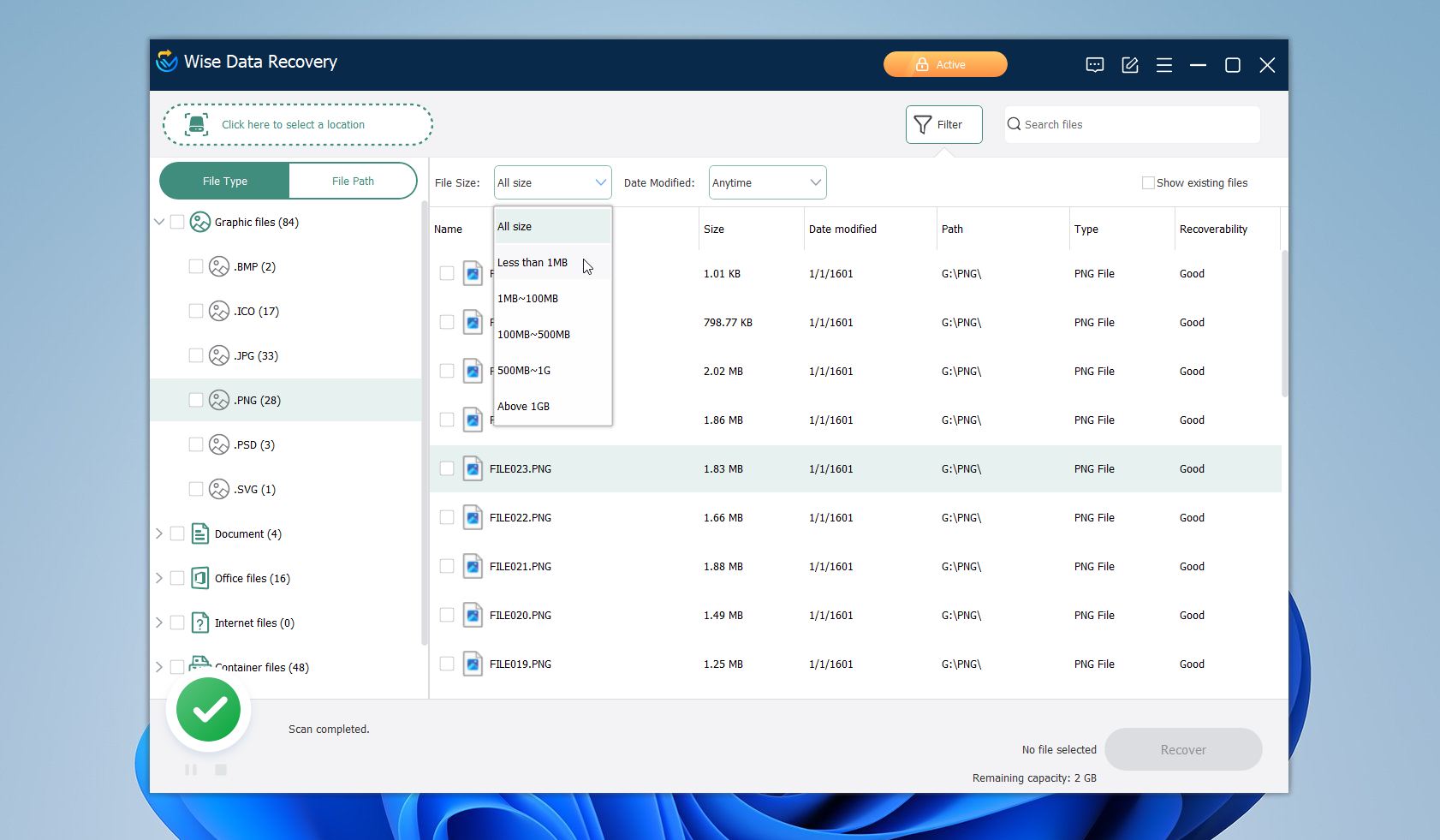 Scan results list in Wise Data Recovery
