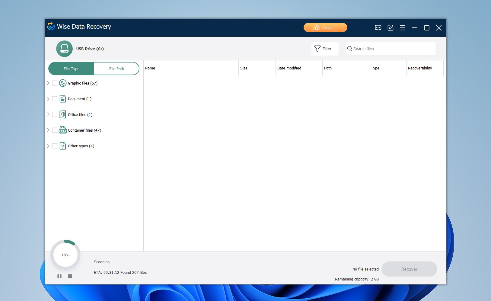 Wise Data Recovery scan in progress