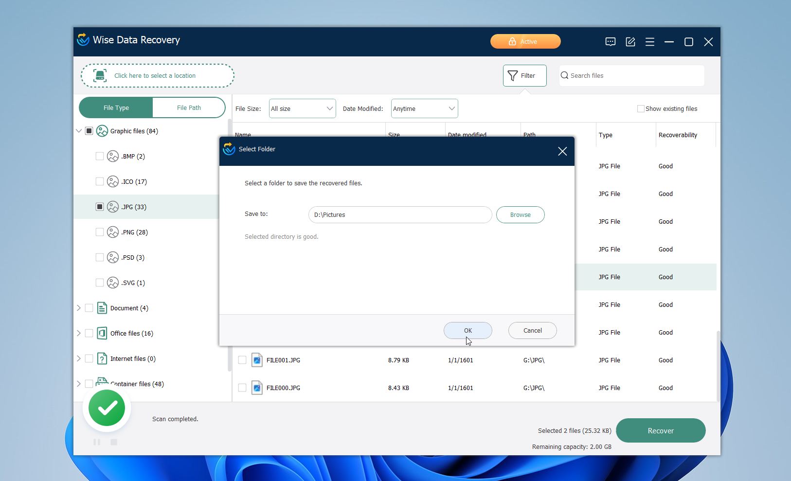 Choosing a destination folder for recovered files in Wise Data Recovery