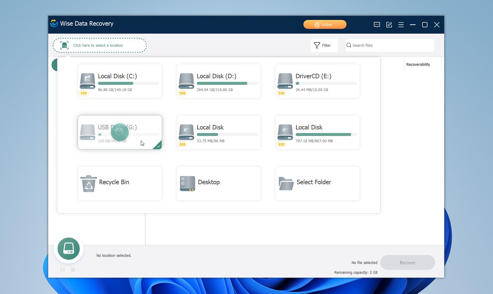 Selecting a USB drive in Wise Data Recovery