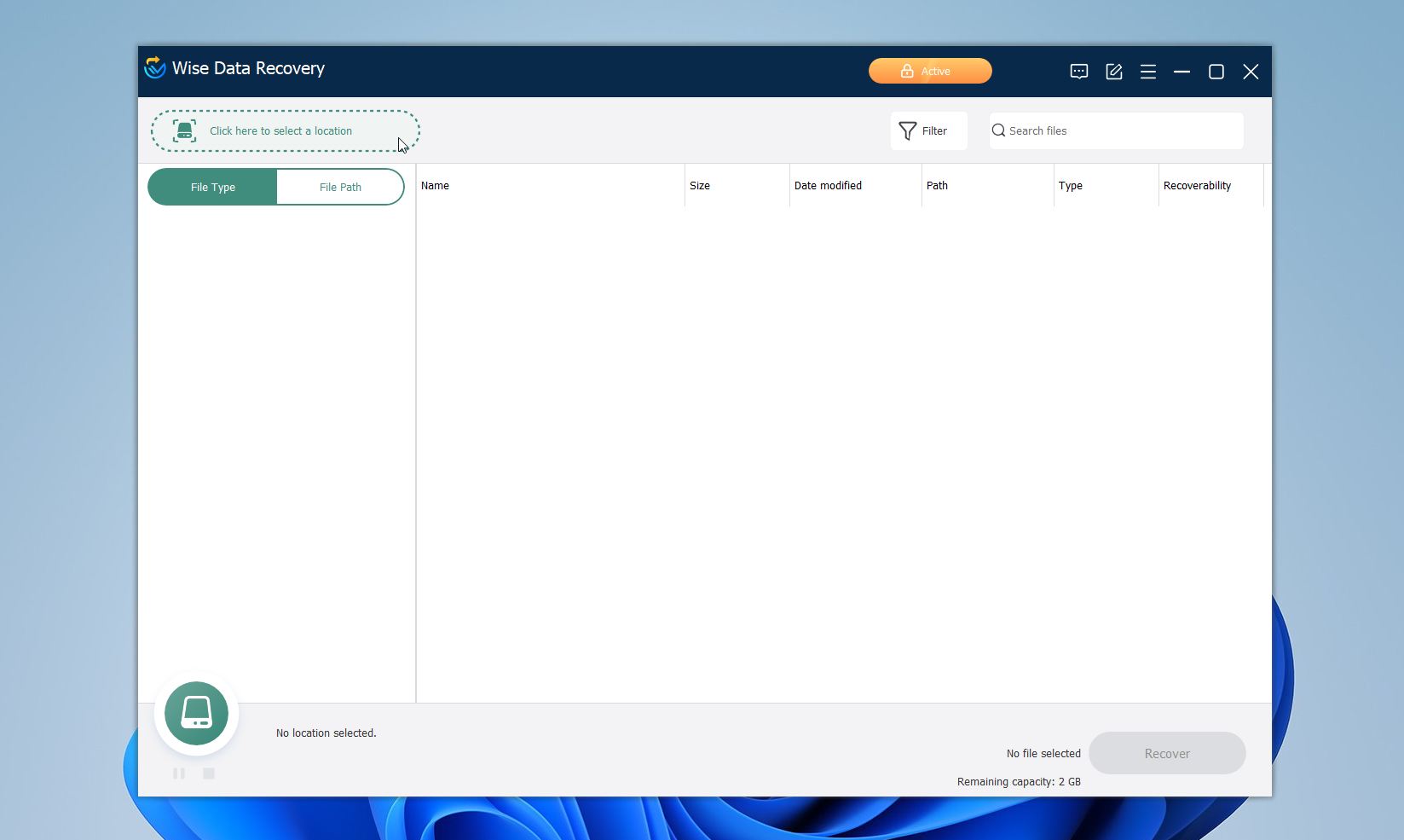 Select a location in Wise Data Recovery