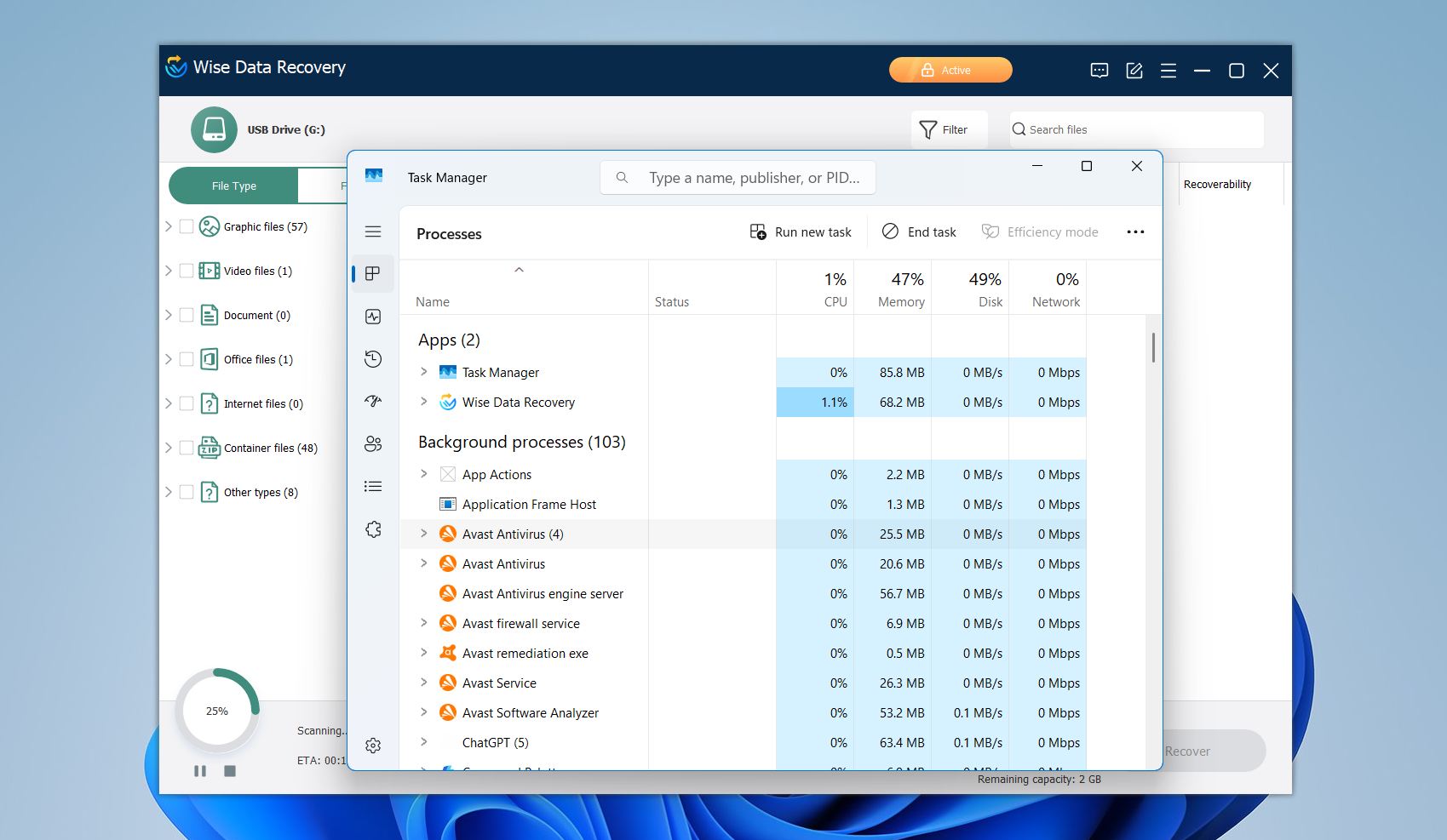 Wise Data Recovery resource usage during scan