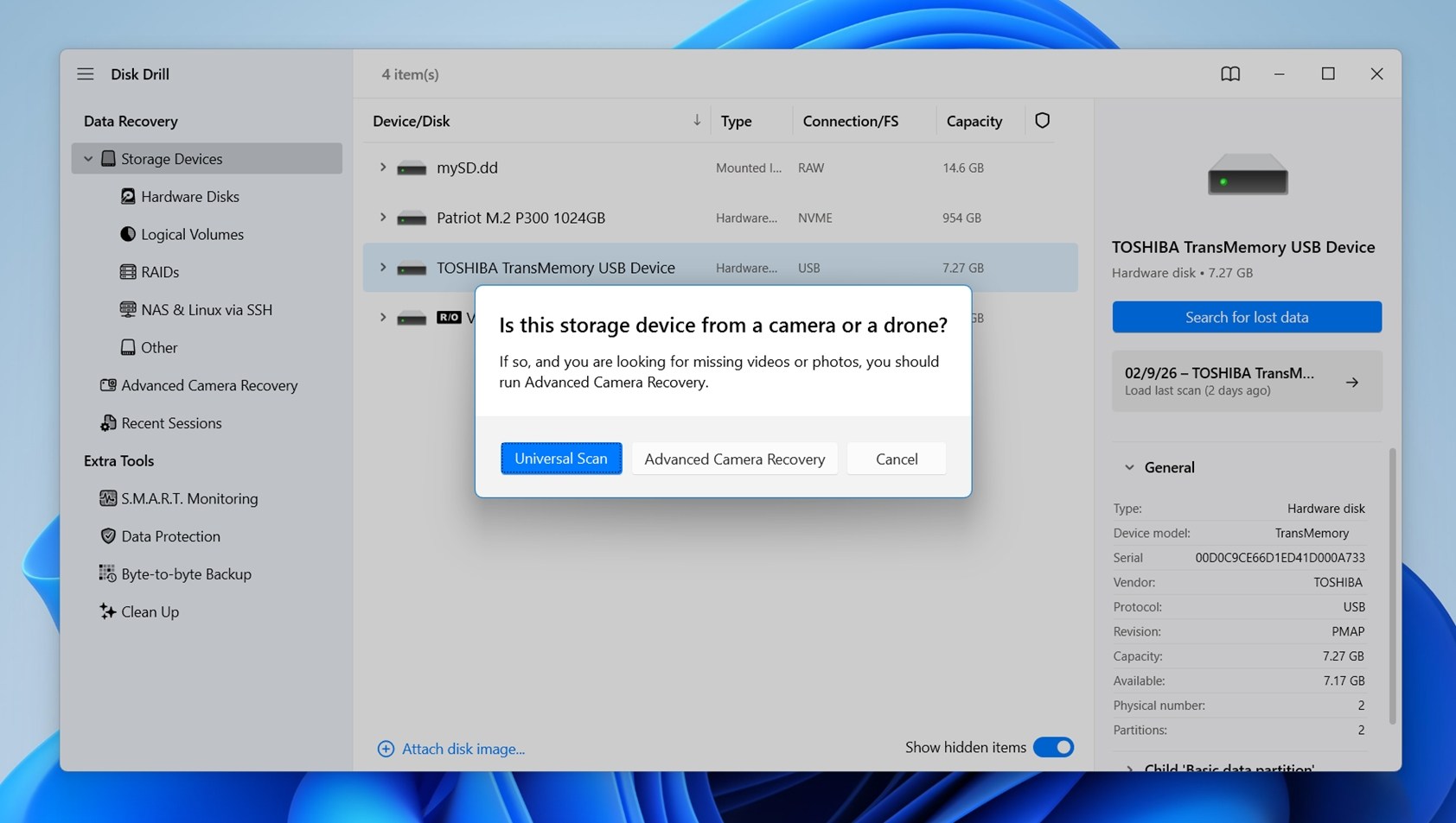 Click search for lost data button