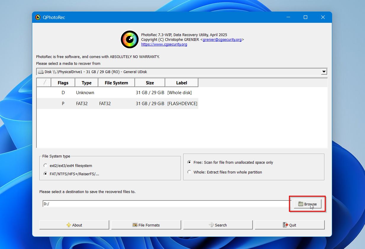 PhotoRec select partition
