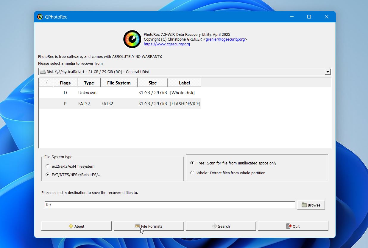 PhotoRec click File formats