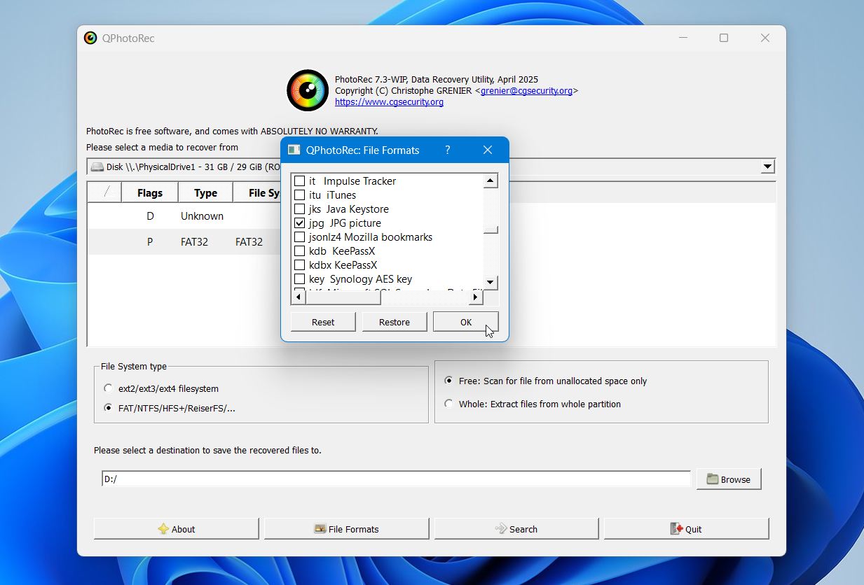 PhotoRec select file formats
