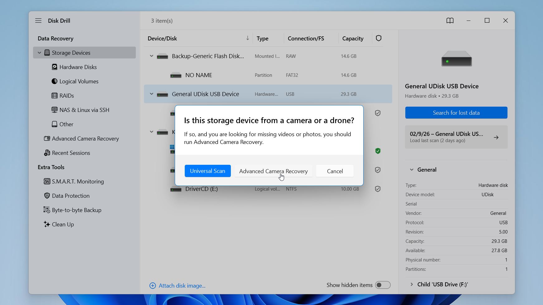Choosing a recovery mode in Disk Drill.