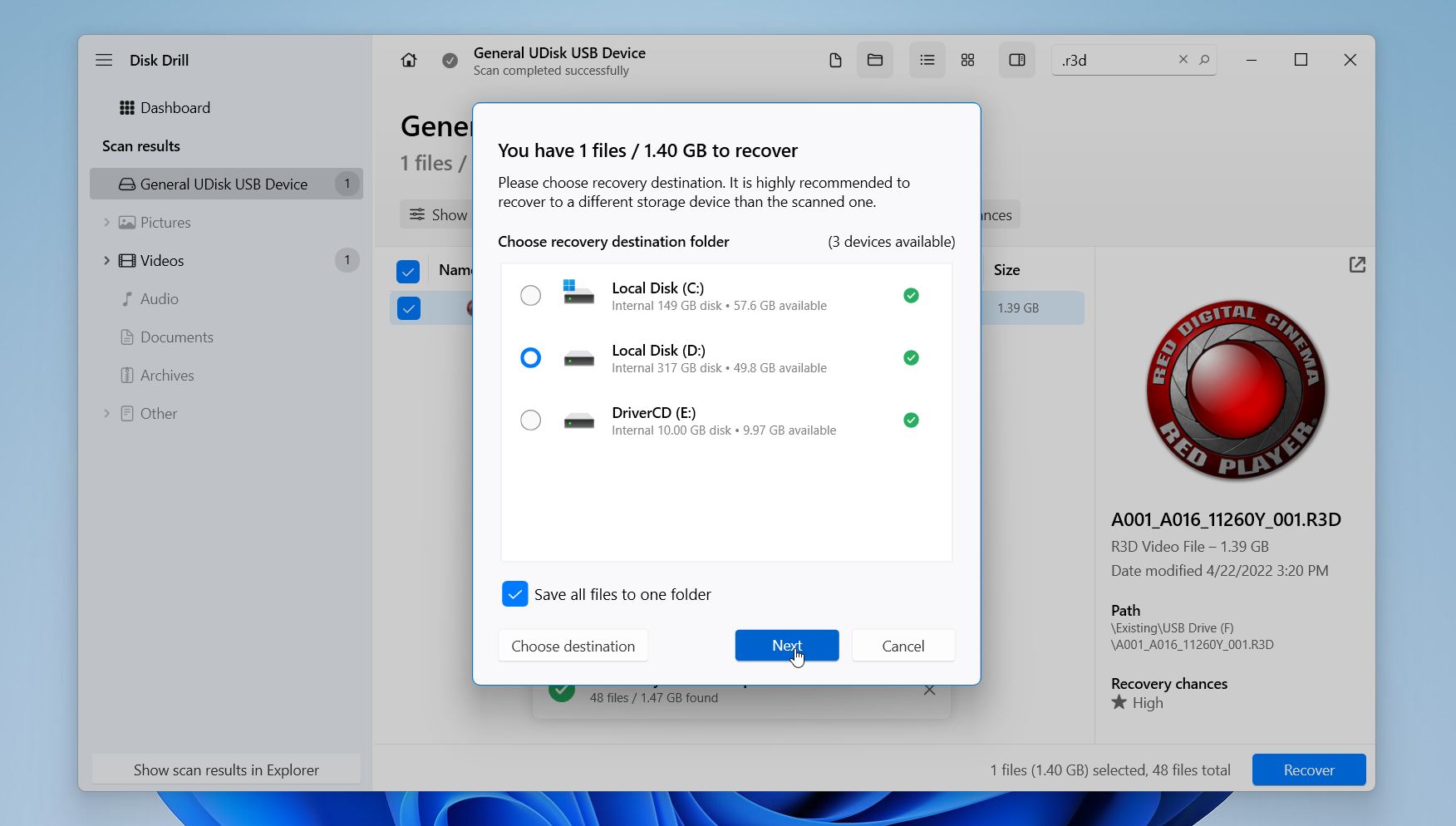 Recovering R3D files in Disk Drill.