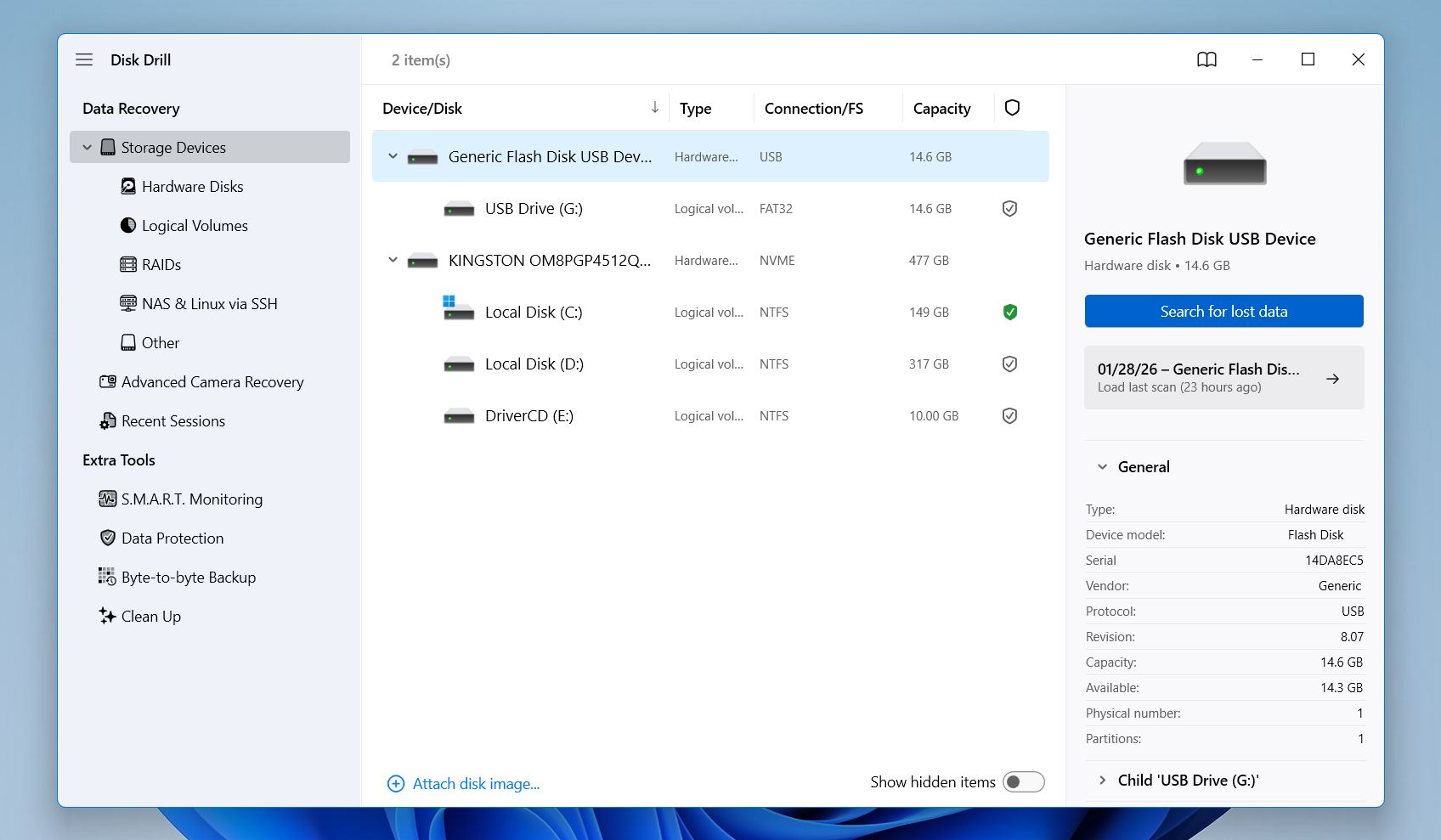 Disk Drill choose Samsung SD card and start scan