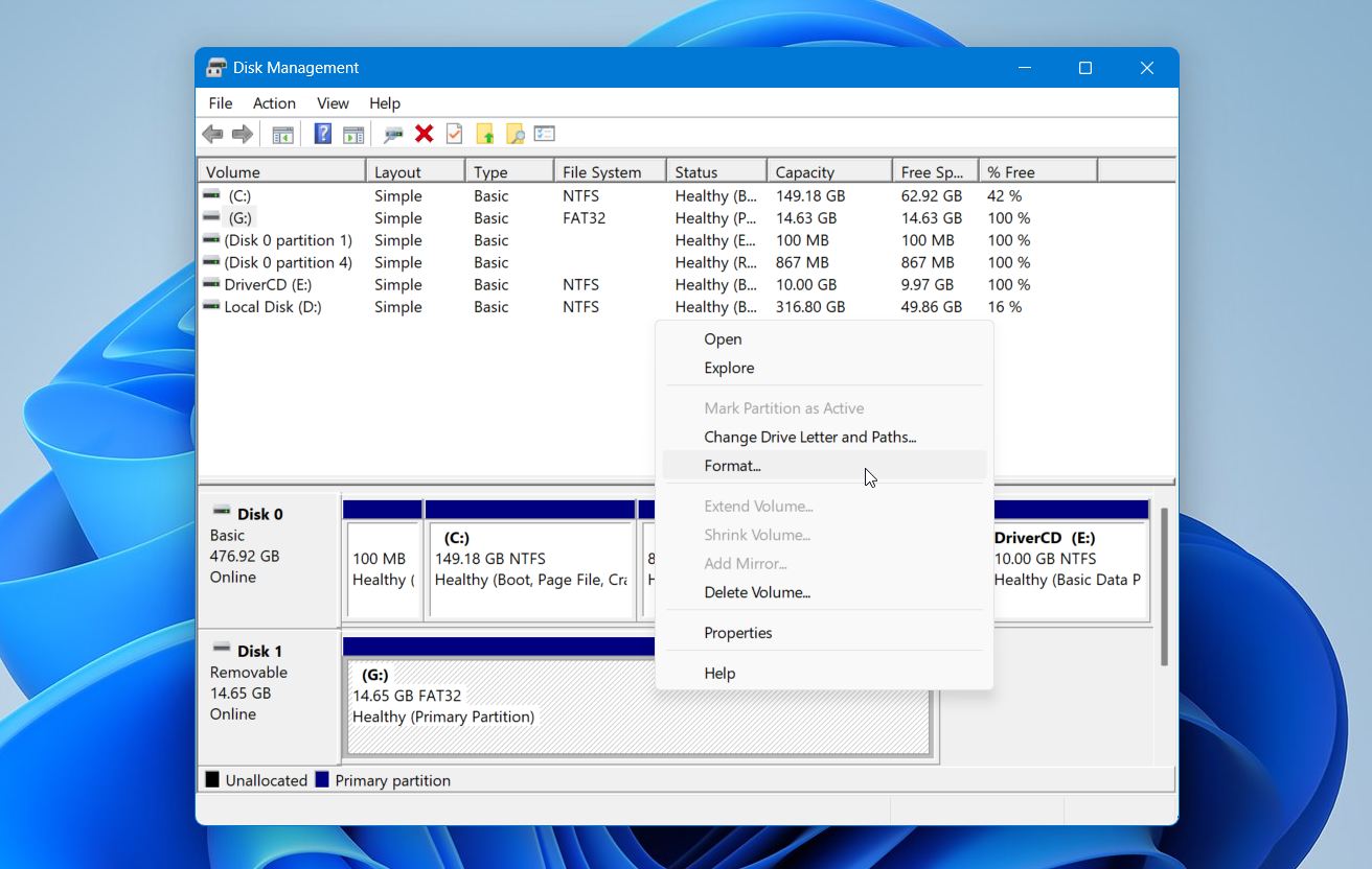 Disk Management select the drive to format