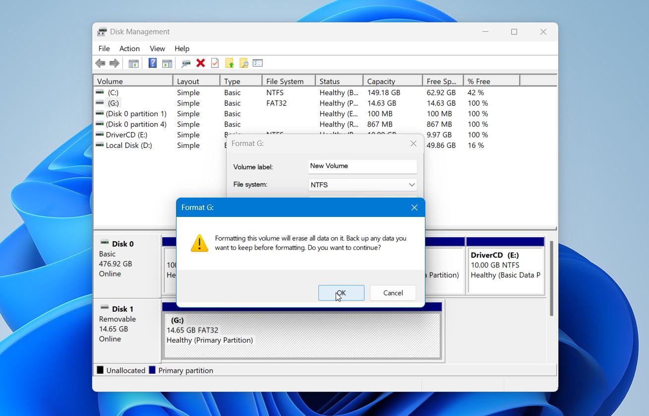 Disk Management confirm format