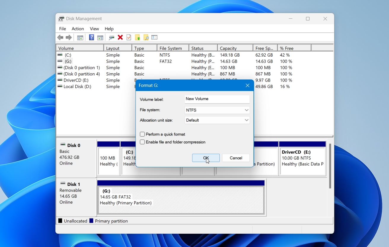Disk Management pefor a full format