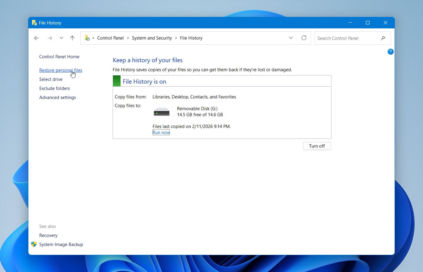 Opening personal file recovery in File History.