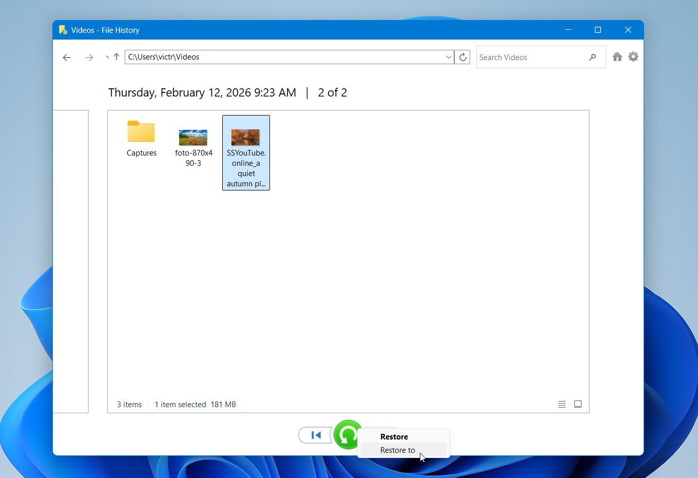 Restoring files with File History.