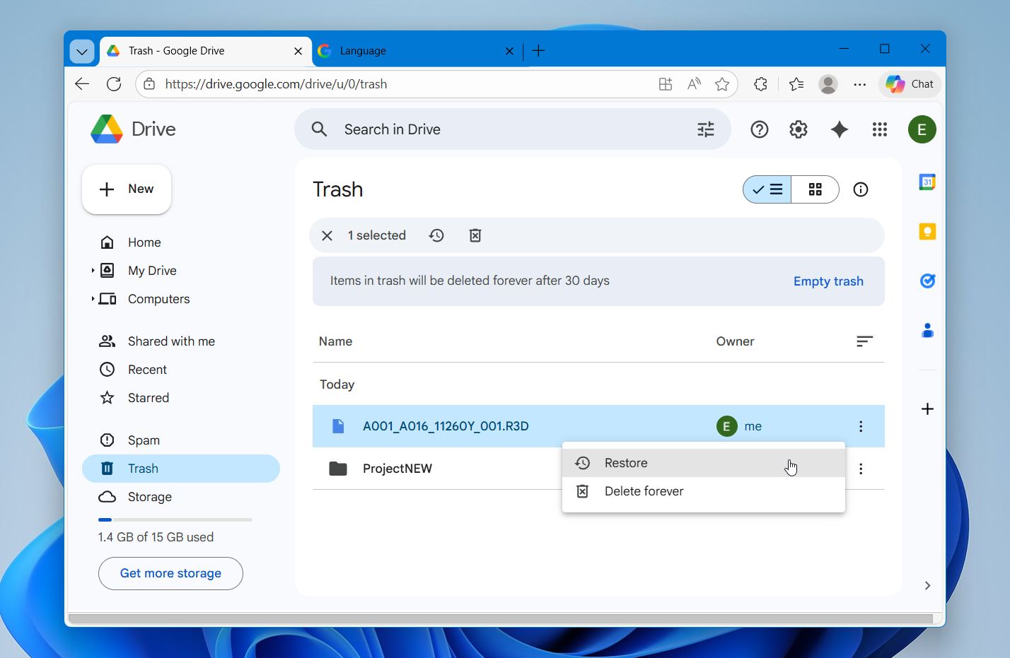 Restoring files from Google Drive Trash.
