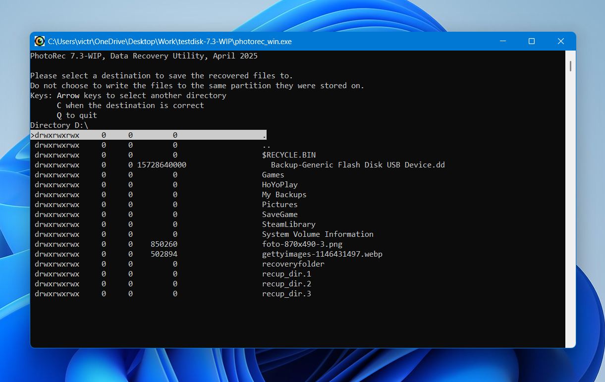 Choosing a recovery destination in PhotoRec.