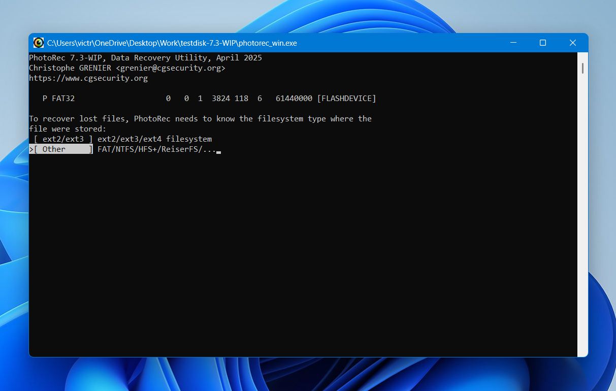 Choosing a file system in PhotoRec.