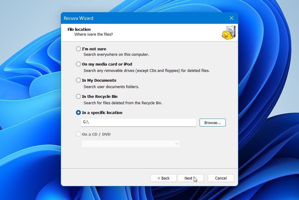Recuva select your Samsung SD card