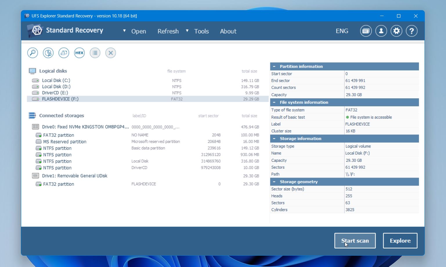 UFS Explorer open and start scan