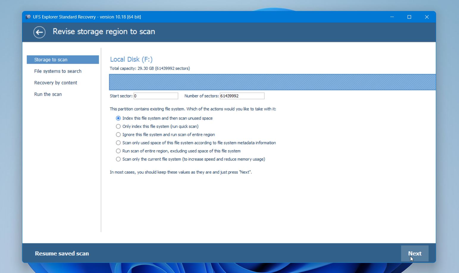 UFS explorer region to scan