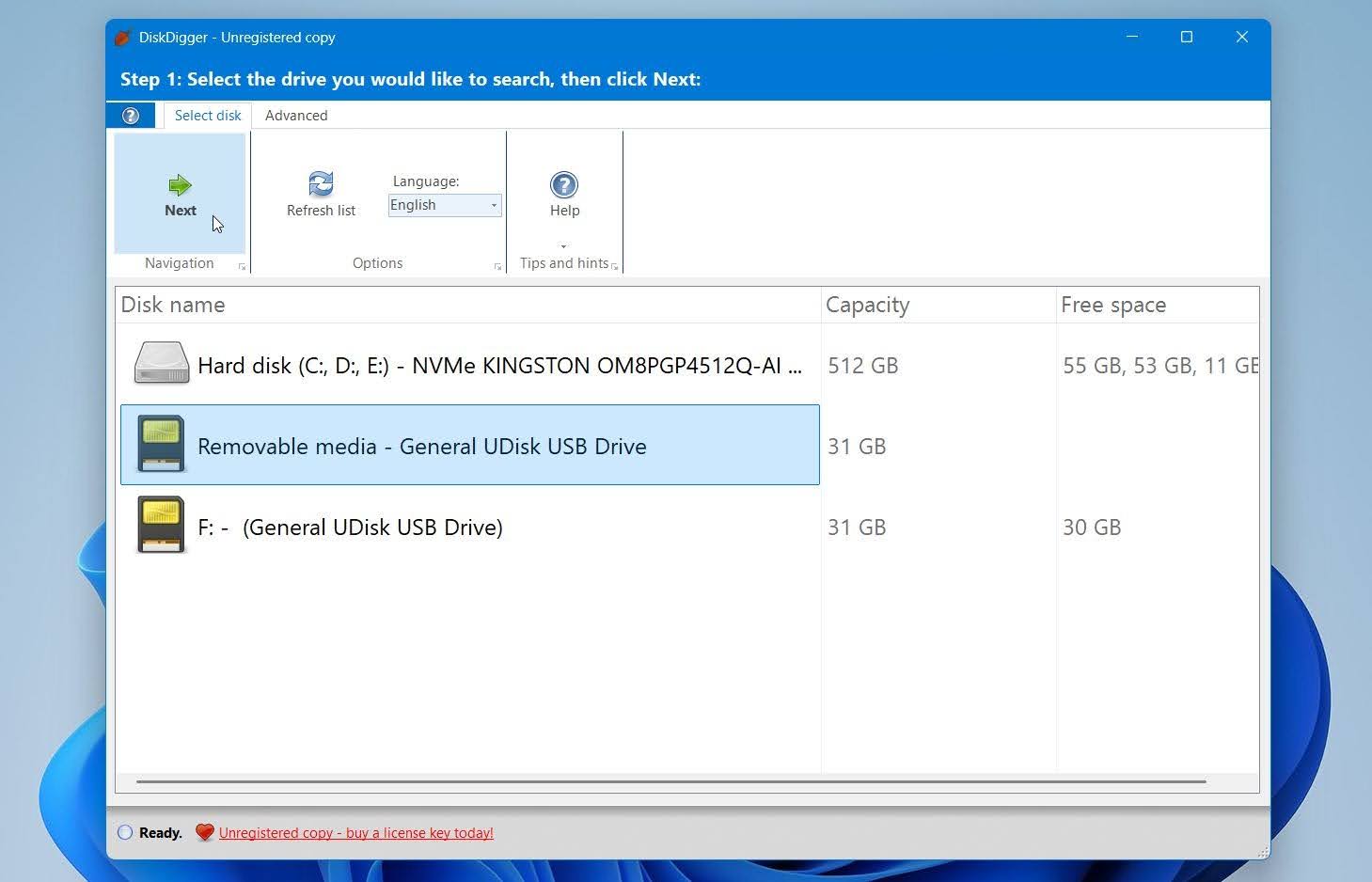 Disk Digger select your drive