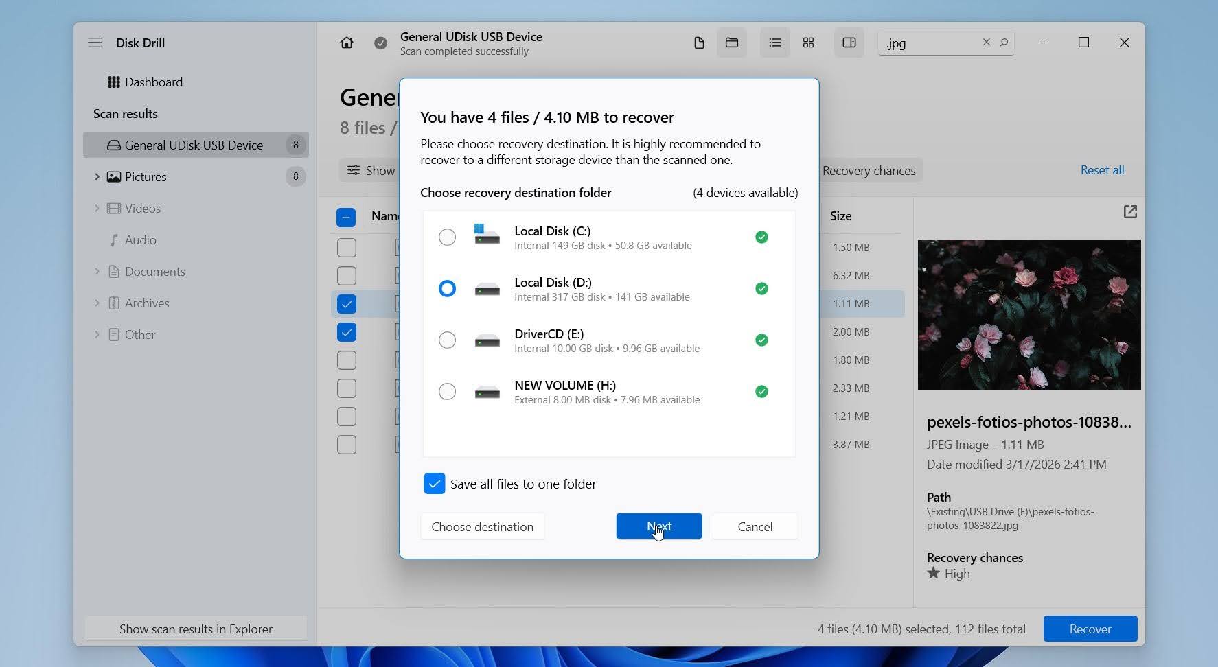 Disk Drill select where to save files