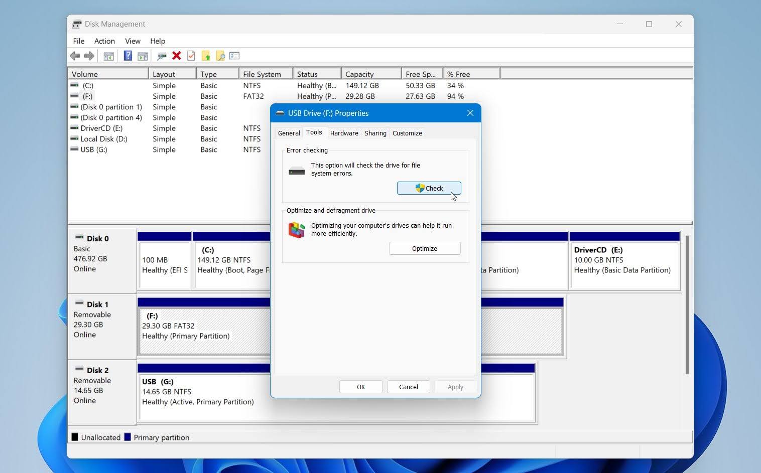 Disk Management error check