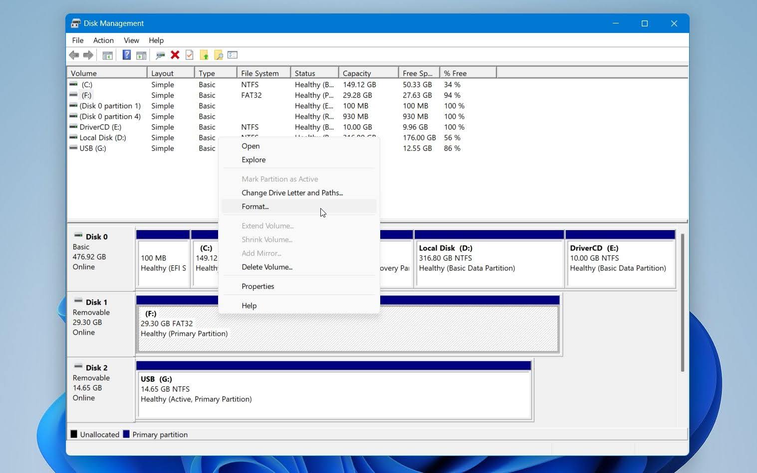 Disk Management click Format