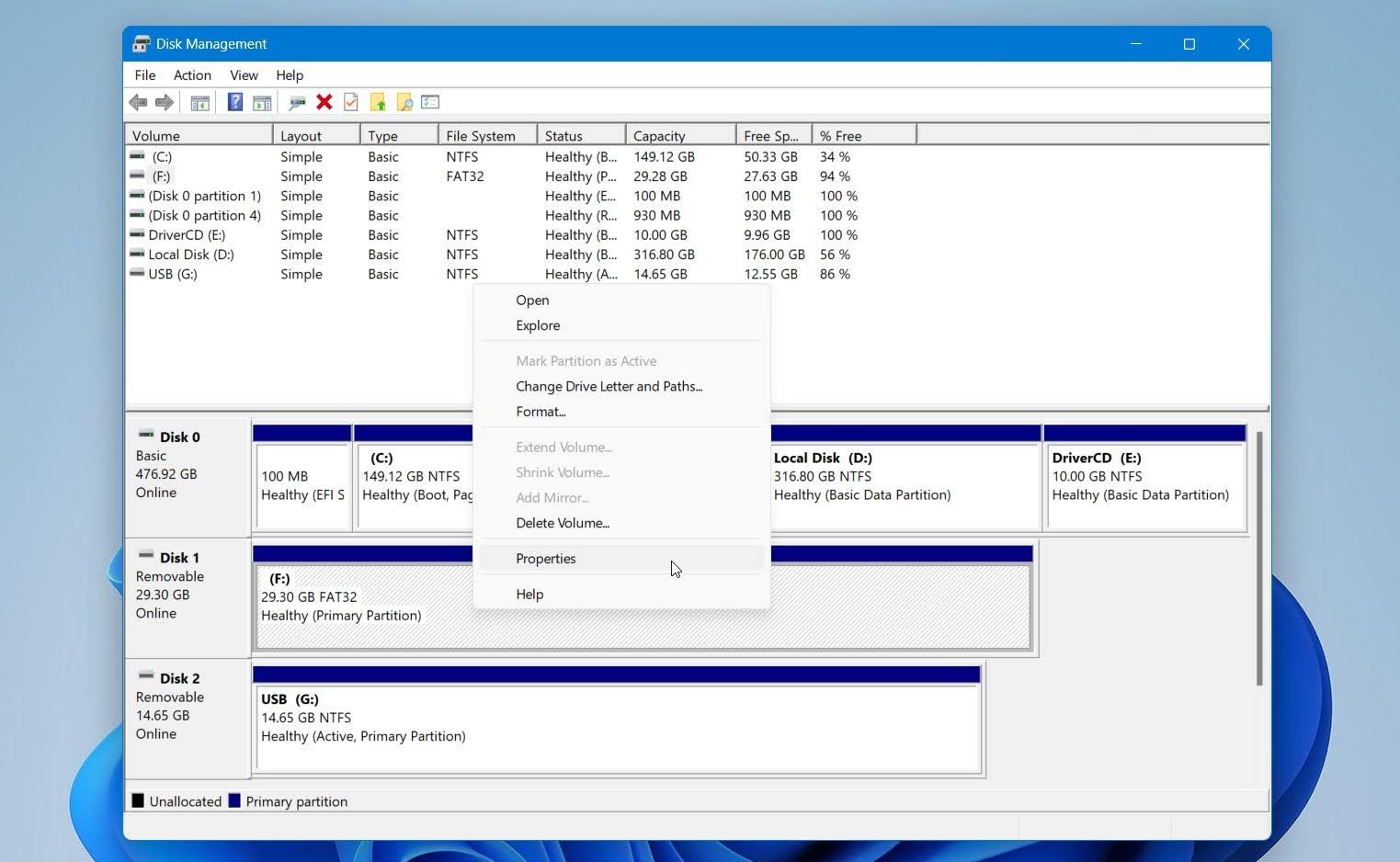 Disk Management properties