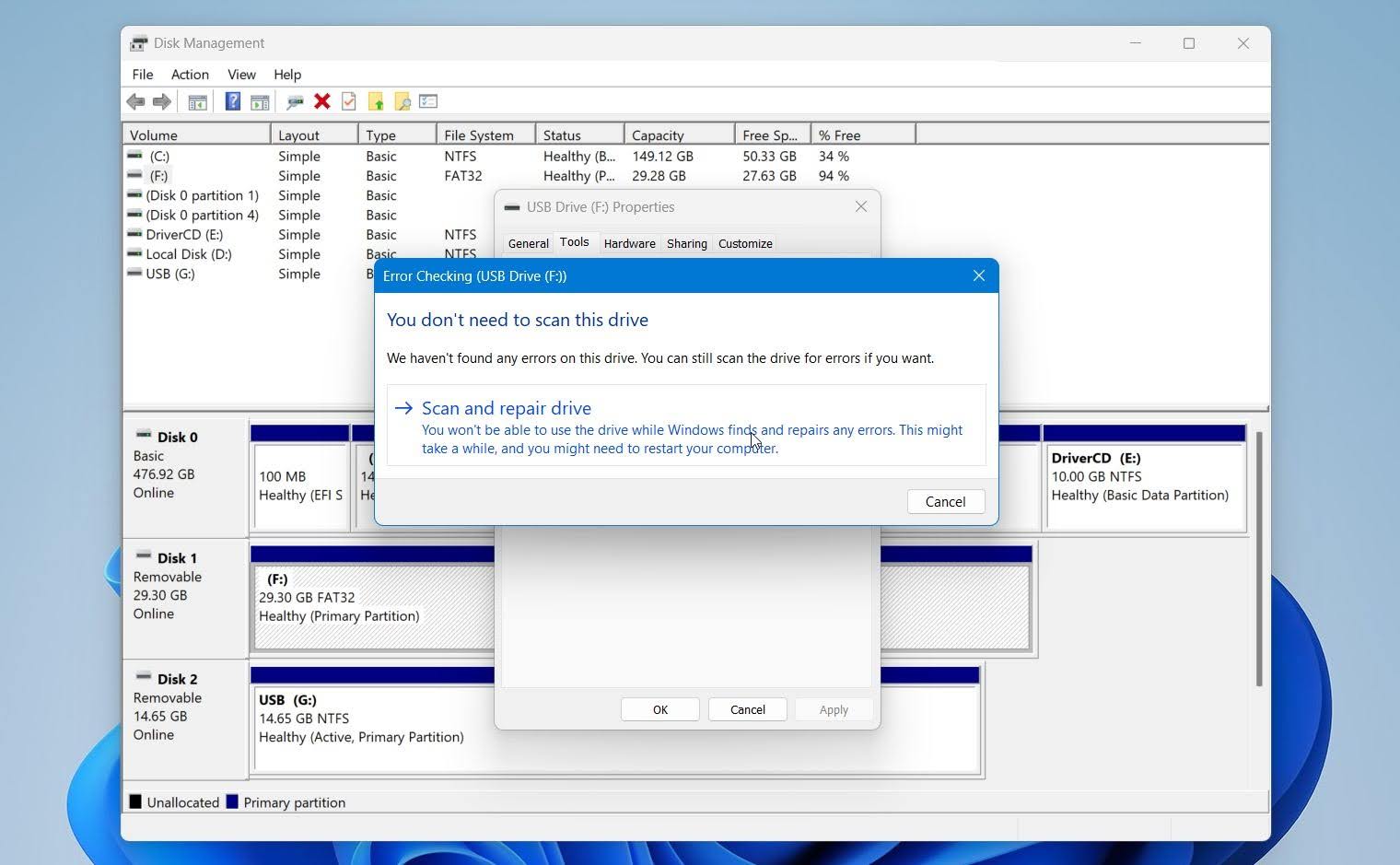 Disk Management scan & repair the drive