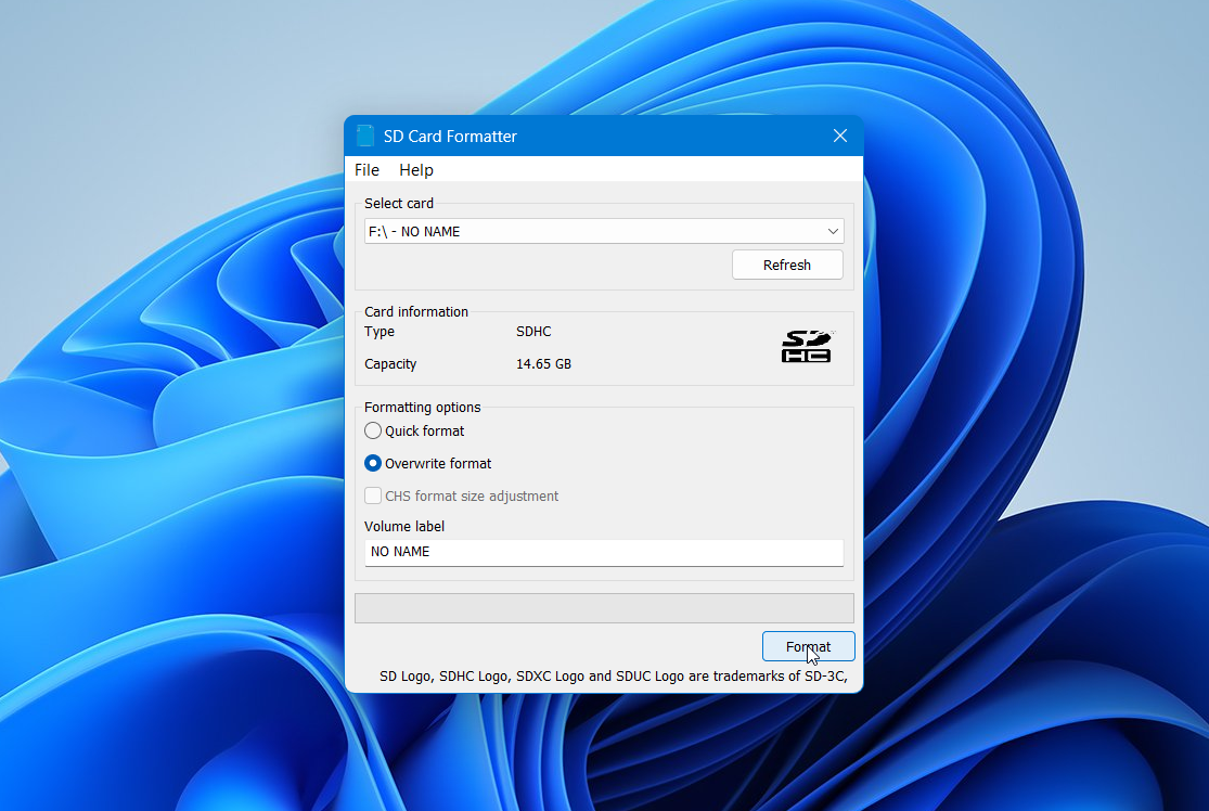 Format the card with SD Memory Card Formatter.