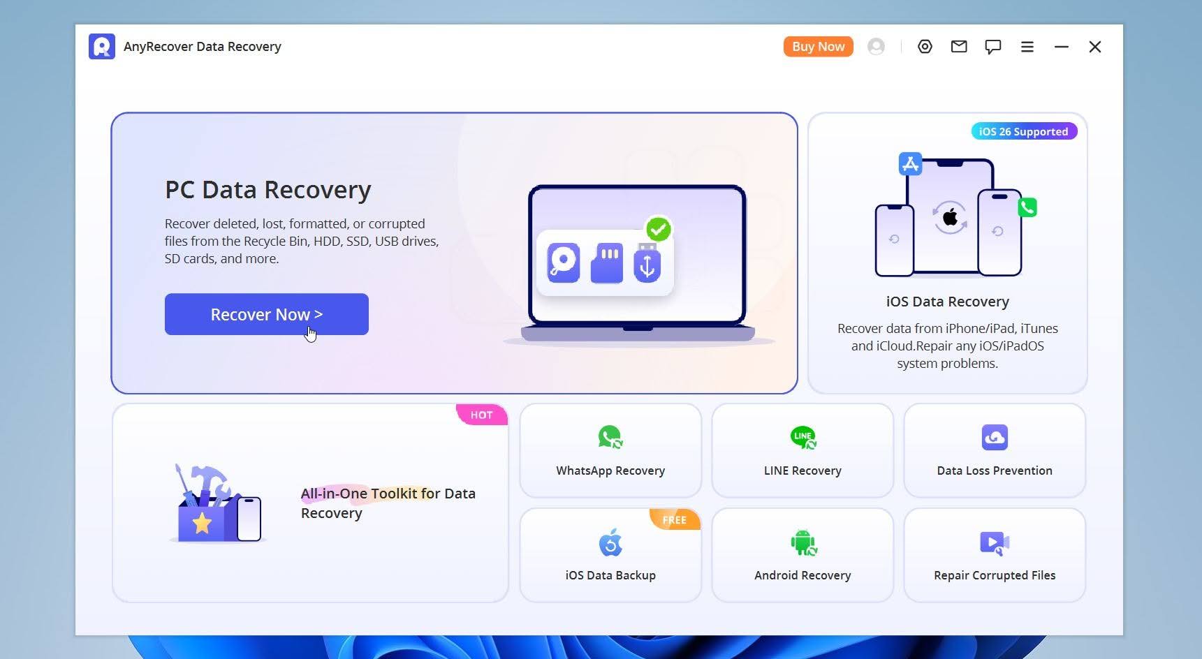 Open AnyRecover and click Recover Now