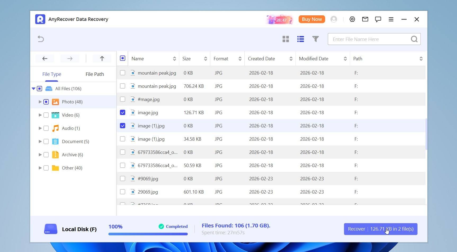 Select files and recover