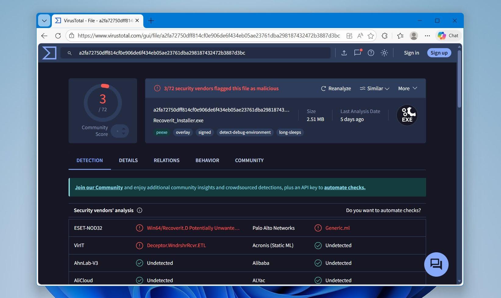 Virus scan result