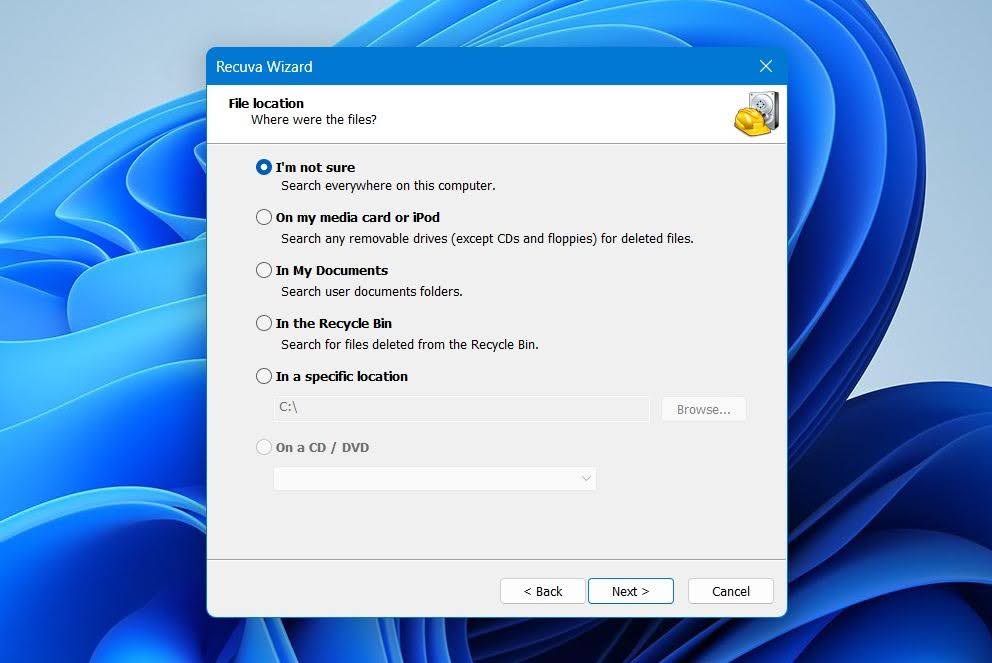 Recuva drive selection