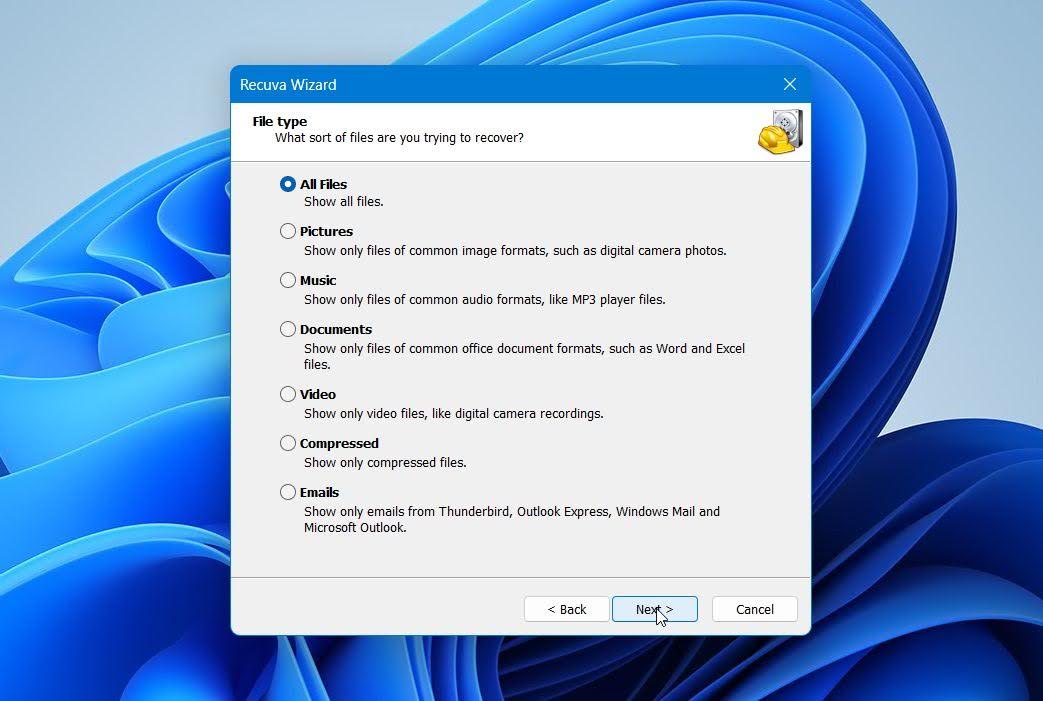 Recuva select filetypes you want to recover