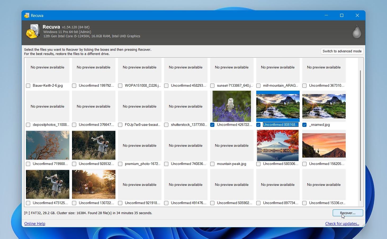 Recuva select files & recover
