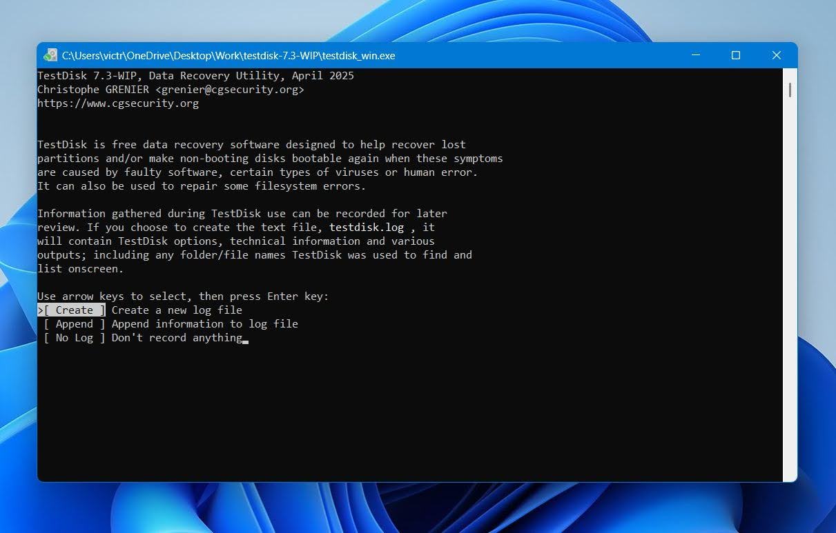 Test Disk create a log file