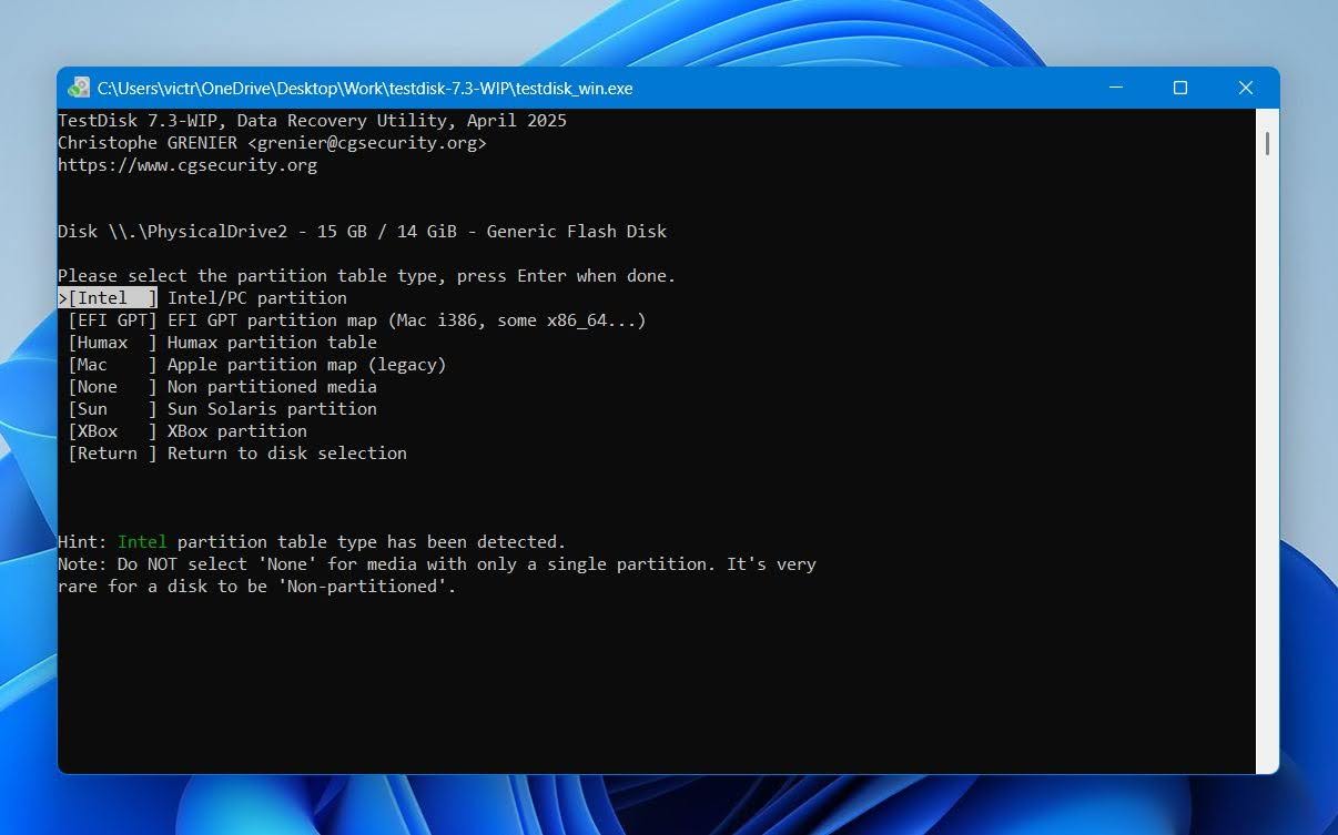 Test Disk select the right partition type