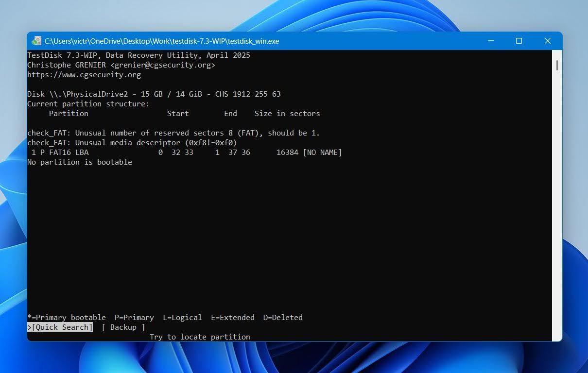 Test Disk run a quick search